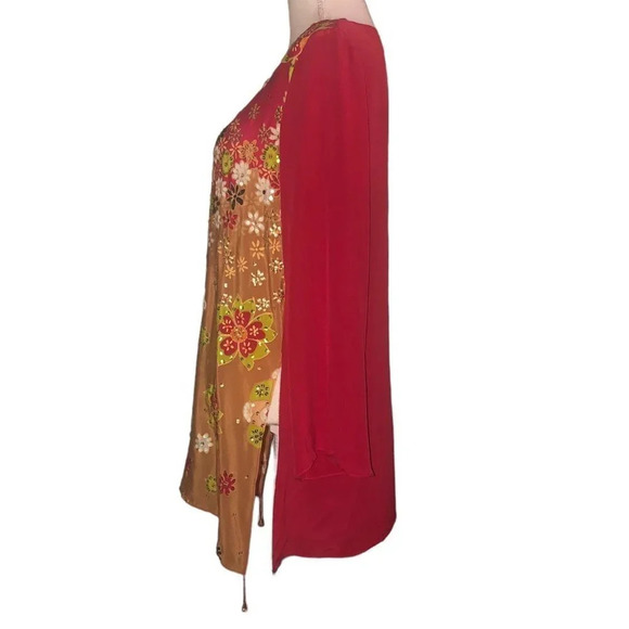 VINTAGE DIANE GILMAN Sz S Womens Red Floral Silk Sequin Long Sleev V-Neck Blouse - Picture 4 of 6